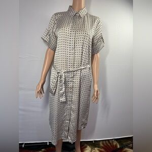 Ann Taylor Cream Dress with Navy Geometric Print and Tie Belt